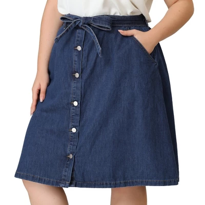 Agnes Orinda Women's Plus Size Denim Tie Waist Button Front A-Line Midi Skirts 10 Agnes Orinda Women's Plus Size Denim Tie Waist Button Front A-Line Midi Skirts - Image 8