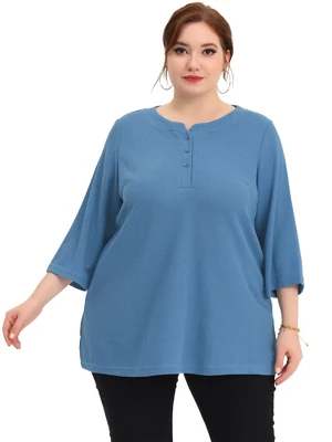 Agnes Orinda Women's Plus Size Round Neck Half Placket 3/4 Sleeve Basic Tops 4 Agnes Orinda Women's Plus Size Round Neck Half Placket 3/4 Sleeve Basic Tops - Image 2