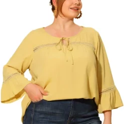 Agnes Orinda Women's Plus Size Holiday 3/4 Flare Sleeve Peasant Keyhole Tie Boho Blouse