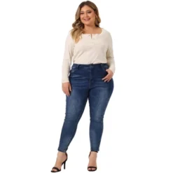 Agnes Orinda Women's Plus Size Knit Long Sleeve Cable Button Half Placket Pullover Shirt