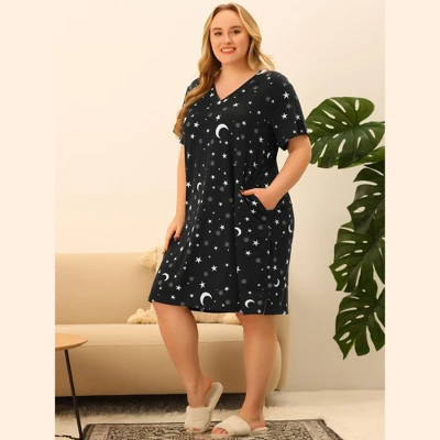 Agnes Orinda Women's Plus Size Comfort Pajamas Star Moon Pattern V Neck Short Sleeve Nightgown 4 Agnes Orinda Women's Plus Size Comfort Pajamas Star Moon Pattern V Neck Short Sleeve Nightgown - Image 2
