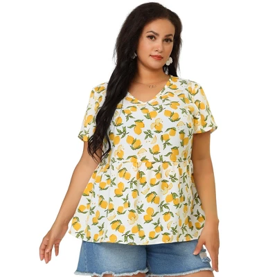 Agnes Orinda Women's Plus Size Blouse Casual V Neck Lemon Floral Peplum Top 5 Agnes Orinda Women's Plus Size Blouse Casual V Neck Lemon Floral Peplum Top - Image 3