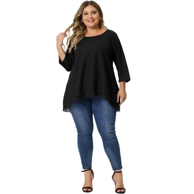 Agnes Orinda Women's Plus Size Waffle 3/4 Sleeve Lace Panel High Low Hem Round Neck Blouse 4 Agnes Orinda Women's Plus Size Waffle 3/4 Sleeve Lace Panel High Low Hem Round Neck Blouse - Image 2