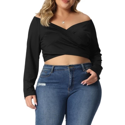 Agnes Orinda Women's Plus Size Off Shoulder Crop Cross Wrap Fashion Blouse 3 Agnes Orinda Women's Plus Size Off Shoulder Crop Cross Wrap Fashion Blouse