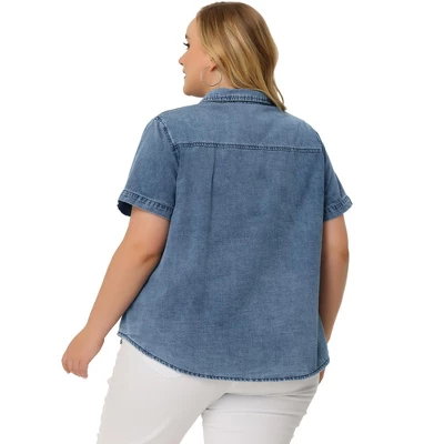 Agnes Orinda Women's Plus Size Jean Denim Short Sleeve Chest Pocket Button Down Shirt 5 Agnes Orinda Women's Plus Size Jean Denim Short Sleeve Chest Pocket Button Down Shirt - Image 3