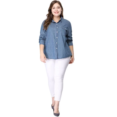 Agnes Orinda Women's Plus Size Denim Long Sleeve Chest Pocket Work Shirt 5 Agnes Orinda Women's Plus Size Denim Long Sleeve Chest Pocket Work Shirt - Image 3