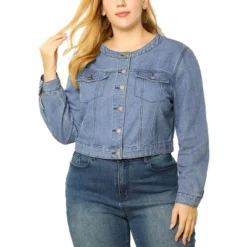 Agnes Orinda Women's Plus Size Long Sleeves Button Down Crew Neck Short Denim Jacket -Agnes Orinda GUEST 541b73ec f2a7 414a 83f1 3a2cc07d9f7d