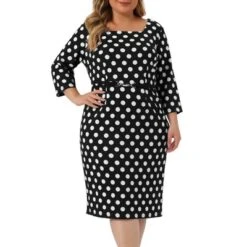 Agnes Orinda Women's Plus Size Formal Polka Dots 3/4 Sleeve Belt Bodycon Dress -Agnes Orinda GUEST 5457cd5a 15d4 456e 8bd4 d39b0df70b4d