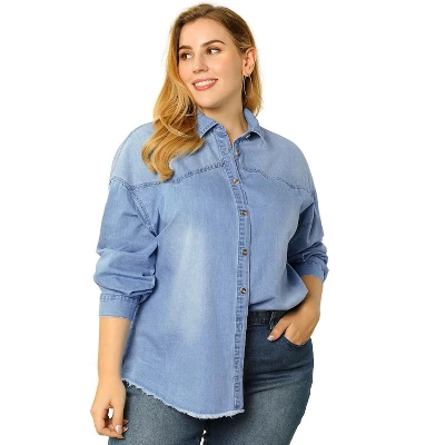 Agnes Orinda Women's Plus Size Button Down Long Sleeve Denim Shirts 8 Agnes Orinda Women's Plus Size Button Down Long Sleeve Denim Shirts - Image 6