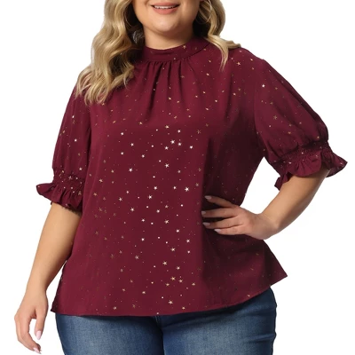 Agnes Orinda Women's Plus Size Work Pleated Keyhole Back Star Print Puff Sleeve Blouses 10 Agnes Orinda Women's Plus Size Work Pleated Keyhole Back Star Print Puff Sleeve Blouses - Image 8