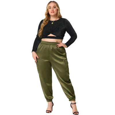 Agnes Orinda Women's Plus Size Cargo Elastic Waist Athleisure Ankle Length Satin Joggers Pant 4 Agnes Orinda Women's Plus Size Cargo Elastic Waist Athleisure Ankle Length Satin Joggers Pant - Image 2
