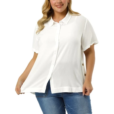 Agnes Orinda Women's Plus Size Sheer Button Front Side Slit Roll Up Sleeve Shirt 3 Agnes Orinda Women's Plus Size Sheer Button Front Side Slit Roll Up Sleeve Shirt