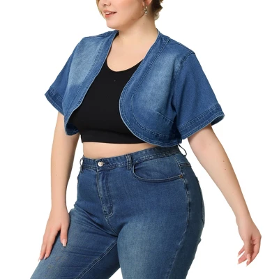 Agnes Orinda Women's Plus Size Denim Casual Crop Short Jean Cardigans