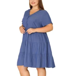 Agnes Orinda Women's Plus Size Babydoll Tiered V Neck Short Sleeve Chambray Dresses -Agnes Orinda GUEST 5a003365 f77b 4381 aefd bca4936ee538
