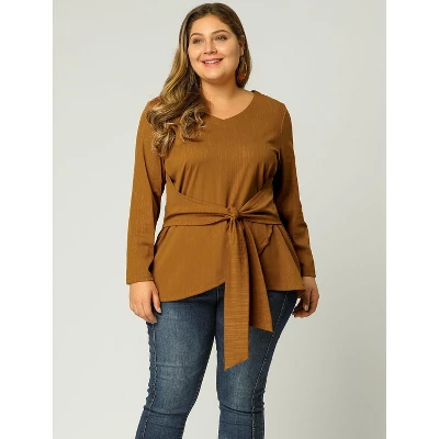 Agnes Orinda Women's Plus Size Workwear Fashion Belted Knot Tie Knit Blouses 3 Agnes Orinda Women's Plus Size Workwear Fashion Belted Knot Tie Knit Blouses
