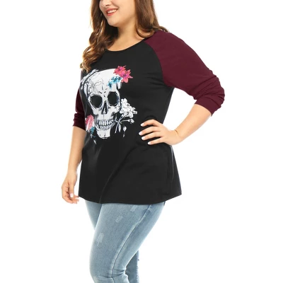Agnes Orinda Women's Plus Size Floral Skull Contrast Color Raglan T-shirt 5 Agnes Orinda Women's Plus Size Floral Skull Contrast Color Raglan T-shirt - Image 3