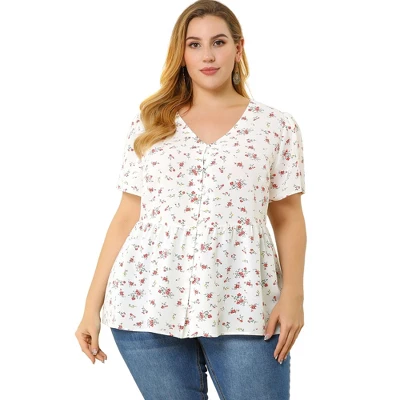Agnes Orinda Women's Plus Size V Neck Ruffle Hem Short Sleeve Cinched Waist Floral Peplum Top 5 Agnes Orinda Women's Plus Size V Neck Ruffle Hem Short Sleeve Cinched Waist Floral Peplum Top - Image 3