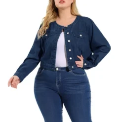 Agnes Orinda Women's Plus Size Long Sleeves Button Down Crew Neck Short Denim Jacket -Agnes Orinda GUEST 5d22ca30 f845 4536 946c d76e5ea465c1