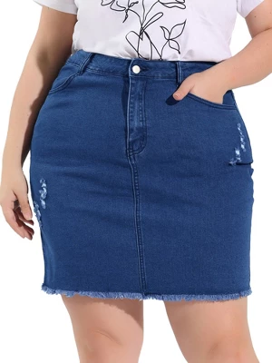 Agnes Orinda Women's Plus Size Raw Hem Denim Bodycon Skirt 8 Agnes Orinda Women's Plus Size Raw Hem Denim Bodycon Skirt - Image 6