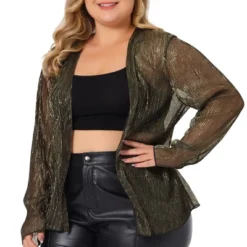 Agnes Orinda Women's Plus Size Metallic Sheer Open Front Long Sleeve Lightweight Cardigans
