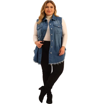 Agnes Orinda Women's Plus Size Button Up Frayed Hem Shacket Sleeveless Pockets Denim Vests 4 Agnes Orinda Women's Plus Size Button Up Frayed Hem Shacket Sleeveless Pockets Denim Vests - Image 2