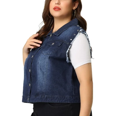 Agnes Orinda Women's Plus Jean Vest Chest Pockets Frayed Hem Single Breasted Denim Vest With Rivets 3 Agnes Orinda Women's Plus Jean Vest Chest Pockets Frayed Hem Single Breasted Denim Vest With Rivets