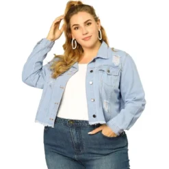 Agnes Orinda Women's Plus Size Washed Ripped Distressed Cropped Frayed Denim Jacket