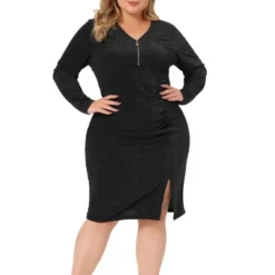 Agnes Orinda Women's Plus Size Long Sleeve V Neck Zipper Split Hem Sequin Ruched Pencil Bodycon Dress -Agnes Orinda GUEST 5f300c83 aaa5 45dd b98b e575d058b932