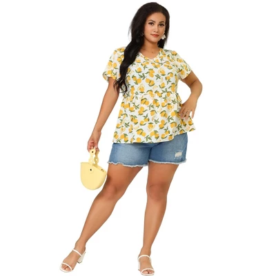 Agnes Orinda Women's Plus Size Blouse Casual V Neck Lemon Floral Peplum Top 4 Agnes Orinda Women's Plus Size Blouse Casual V Neck Lemon Floral Peplum Top - Image 2