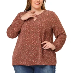 Agnes Orinda Women's Plus Size Chiffon Keyhole Long Sleeve Floral Top