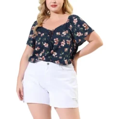 Agnes Orinda Women's Plus Size Floral Short Sleeve Square Tassel Tie Neck Peasant Tops -Agnes Orinda GUEST 601a53df 1af6 406d 9447 a3f5bd12fd6f