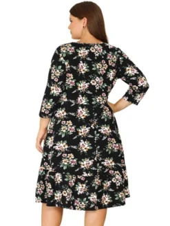 Agnes Orinda Women's Plus Size V Neck Ruffle Hem 3/4 Sleeve Elegant Floral Dresses -Agnes Orinda GUEST 607fc766 728b 426a 97fc e0eb24c0d83e