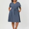 Agnes Orinda Women's Plus Size Tie Waist Short Sleeve Chambray Shirtdress
