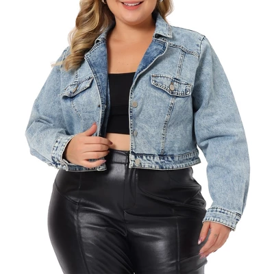 Agnes Orinda Women's Plus Size Retro Denim Notched Lapel Long Sleeve Classic Washed Crop Jean Jacket 7 Agnes Orinda Women's Plus Size Retro Denim Notched Lapel Long Sleeve Classic Washed Crop Jean Jacket - Image 5