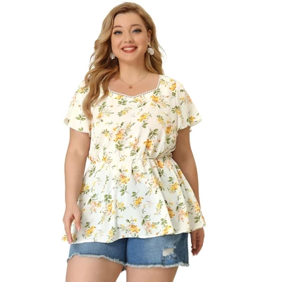 Agnes Orinda Women's Plus Size Floral Blouse Flare Sleeve Sweetheart Neck Elastic Waist Peplum Top 5 Agnes Orinda Women's Plus Size Floral Blouse Flare Sleeve Sweetheart Neck Elastic Waist Peplum Top - Image 3
