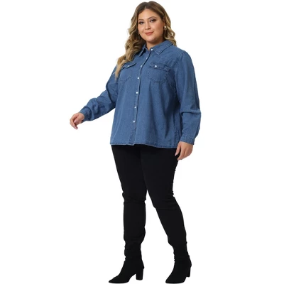 Agnes Orinda Women's Plus Size Denim Long Sleeve Button Down Jean Pockets Shirts 4 Agnes Orinda Women's Plus Size Denim Long Sleeve Button Down Jean Pockets Shirts - Image 2