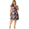 Agnes Orinda Women's Plus Size Deep V Neck Above Knee Cap Sleeve Floral Dress