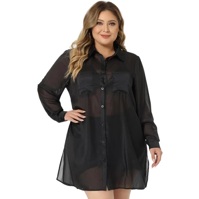 Agnes Orinda Women's Plus Size Long Sleeve Button Down Black Sheer Shirts Jacket 3 Agnes Orinda Women's Plus Size Long Sleeve Button Down Black Sheer Shirts Jacket