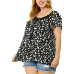 Agnes Orinda Women's Plus Size Floral Short Sleeve Square Tassel Tie Neck Peasant Tops