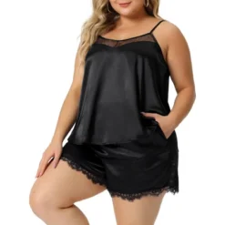 Agnes Orinda Women's Plus Size Satin V-Neck Lace Trim Elastic Waist 2 Pieces Pajamas Sets