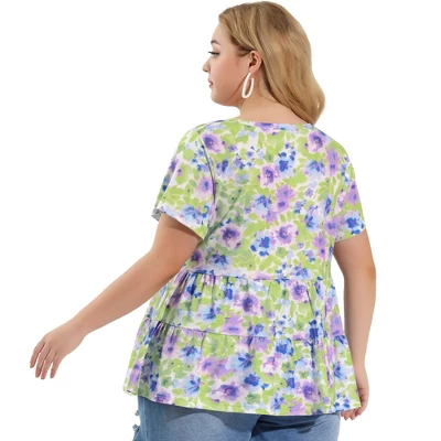 Agnes Orinda Women's Plus Size Tops Tiered Round Neck Short Sleeve Floral Blouses 6 Agnes Orinda Women's Plus Size Tops Tiered Round Neck Short Sleeve Floral Blouses - Image 4