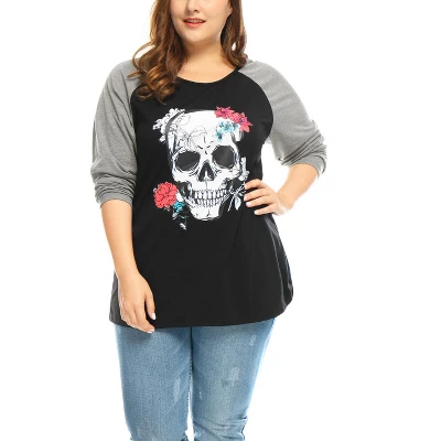 Agnes Orinda Women's Plus Size Floral Skull Contrast Color Raglan T-shirt 8 Agnes Orinda Women's Plus Size Floral Skull Contrast Color Raglan T-shirt - Image 6