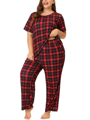 Agnes Orinda Women's Plus Size Short Sleeve Sleepwear Plaid Pajamas Sets 7 Agnes Orinda Women's Plus Size Short Sleeve Sleepwear Plaid Pajamas Sets - Image 5