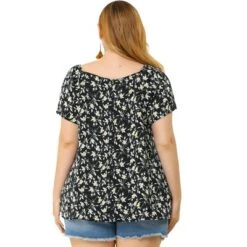 Agnes Orinda Women's Plus Size Floral Short Sleeve Square Tassel Tie Neck Peasant Tops -Agnes Orinda GUEST 688127a7 c9a0 426d 876c 919f0a294236