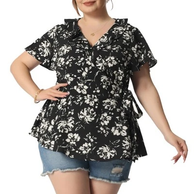 Agnes Orinda Women's Plus Size Ruffle Neck Floral Wrap Tie Waist Blouse 10 Agnes Orinda Women's Plus Size Ruffle Neck Floral Wrap Tie Waist Blouse - Image 8
