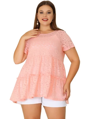 Agnes Orinda Women's Plus Size Blouse Tiered Lace Allover Round Neck Short Sleeve Peplum Blouses 4 Agnes Orinda Women's Plus Size Blouse Tiered Lace Allover Round Neck Short Sleeve Peplum Blouses - Image 2