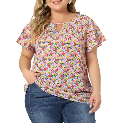 Agnes Orinda Women's Plus Size Keyhole Floral Chiffon Flared Sleeve Summer Trendy Peasant Tops 17 Agnes Orinda Women's Plus Size Keyhole Floral Chiffon Flared Sleeve Summer Trendy Peasant Tops - Image 15