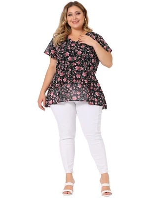 Agnes Orinda Women's Plus Size V Neck Floral Tiered Peplum Blouses 4 Agnes Orinda Women's Plus Size V Neck Floral Tiered Peplum Blouses - Image 2