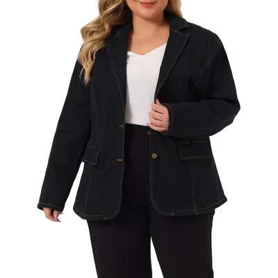 Agnes Orinda Women's Plus Size Denim Notched Lapel Color Block Stretch Blazer 13 Agnes Orinda Women's Plus Size Denim Notched Lapel Color Block Stretch Blazer - Image 11
