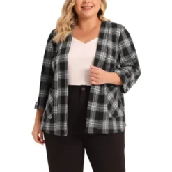 Agnes Orinda Women's Plus Size Plaid 3/4 Sleeves Work Office Blazers Jacket Suits -Agnes Orinda GUEST 6ba92a09 e91f 4e24 ad62 d408df9e759d